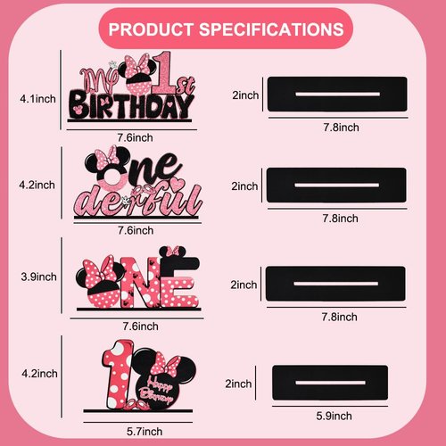 TONIFUL Pink Mouse 1st Birthday Party Supplies 1st Table Centerpieces Pink Mouse Theme Design Sturdy Wooden for Girl ONE Year Old Birthday Favors 1st Birthday Party Decorations(4 Pcs)