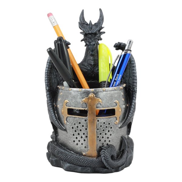 Ebros Medieval Fantasy Saint George Dragon Guarding Medieval Knight Helmet Stationery Pen Holder Statue 7"Tall Office Desktop Fantasy Decor