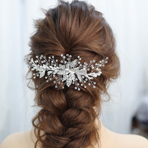SELFCLOUD 1 Pcs Alloy Leaf Hair Clip,Silver Bridal Hair Accessories,Wedding Headpiece For Bride (SILVER)