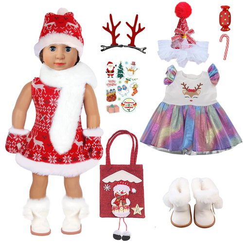 AugFrog 15Pcs 18 Inch Doll Clothes Winter, Including Doll Accessories, Doll Clothes, Doll Shoes, Doll Scarf, Doll Hat, Hair Clip, Sticker, Christmas Birthday Best Gifts for Kid (No Doll), Red