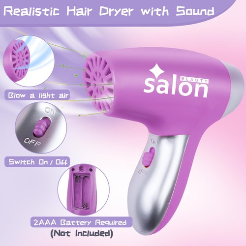 Gifts2U Hair Salon Toys for Girls, 26 Pcs Realistic Girl Beauty Salon Playset Hair Styling Set with Blow Dryer, Barber Costume Apron, Scissors and Stylist Accessories.