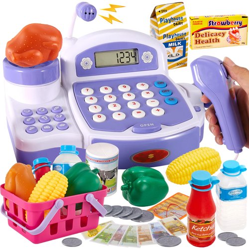 BUYGER Toy Cash Register for Kids with Real Calculator, Light and Sound Scanner, Microphone, Pretend Play Shopping Food Toys Cashier Playset Gifts for Ages 3 4 5