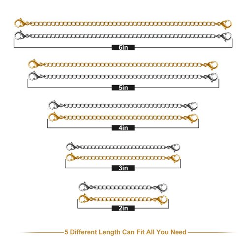 Necklace Extenders, 10Pcs Stainless Steel Gold Silver Necklace Bracelet Anklet Extension Chains with Lobster Clasps and Closures for Jewelry Making