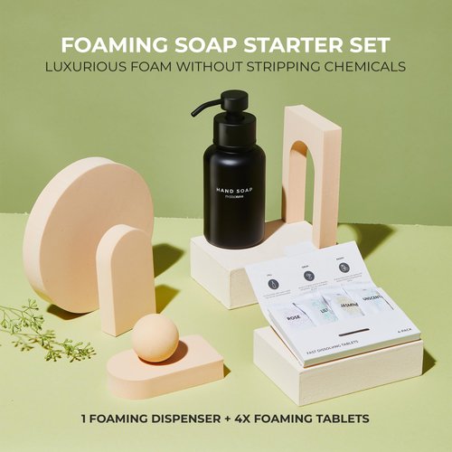 MAISONOVO Foaming Hand Soap Refills | 4 Mixed Foaming Hand Soap Refills + 1 Black Glass with Black Pump Foaming Dispenser | Hand Soap Foam Refill