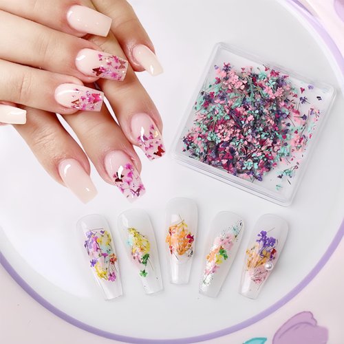 1Box Dried Flowers Stickers for Nail Art,12Colors Dry Flowers Mini Real Natural Flowers Nail Art Supplies 3D Gypsophila Floral Nail Decoration Sticker for Women Manicure Decor Makeup DIY Accessories