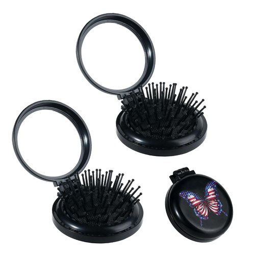 2Pcs Folding Hair Brush with Mirror,Mini Hair Brush for Purse,Portable Pocket Hair Brush with Mirror,Hair Brush Round,Folding Pocket Hair Brush,Gifts for Girls and Women,Black,Butterfly American Flag