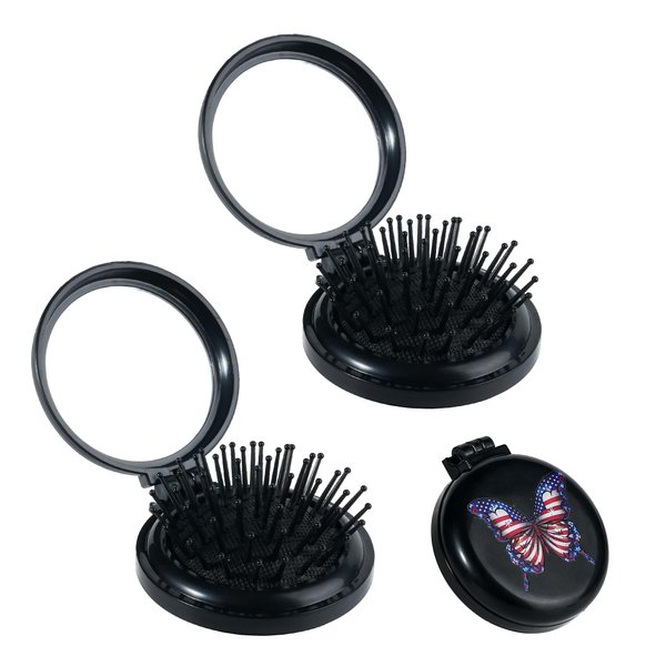 2Pcs Folding Hair Brush with Mirror,Mini Hair Brush for Purse,Portable Pocket Hair Brush with Mirror,Hair Brush Round,Folding Pocket Hair Brush,Gifts for Girls and Women,Black,Butterfly American Flag