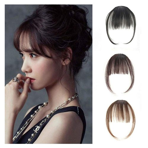 Wixine 1Pcs Dark Brown Thin Neat Air Bangs Remy Human Hair Extensions Clip in on Fringe Front Hairpiece