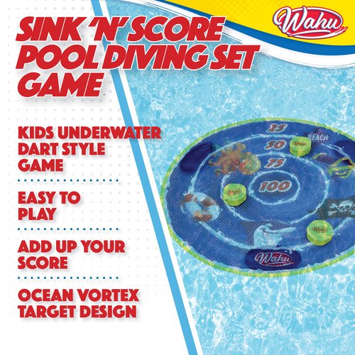 Wahu Sink 'N' Score Underwater Dart Pool Game for Kids Ages 5+, Swimming Pool Diving Toy Set with Target, Darts, and Carry Bag, Multicolor