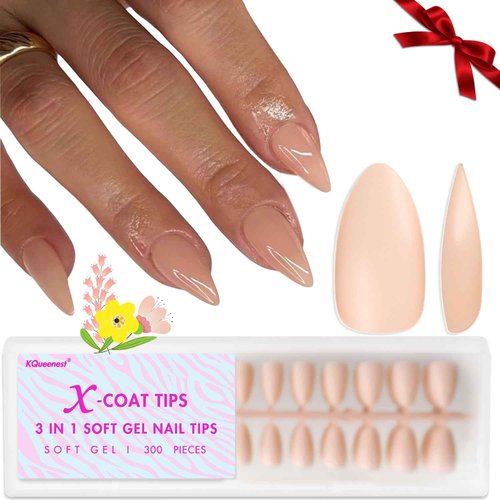 KQueenest Gel x Nail Tips Almond Medium - Soft Acrylic Press on Nails Medium,Natural Pre Colored X Coat Tips Stronger Adhesive Stiletto Fake Nails Press ons 15 Sizes Fit All Nail Bed (Nude)