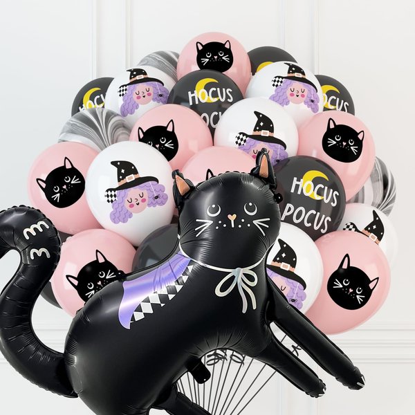 HOUSE OF PARTY Halloween 30Inch Cat Foil Balloons-50PCS Black Pink White Witch Cat Latex Balloons for Halloween Party Decorations, Halloween Party Balloons for Birthdays School Classroom Games