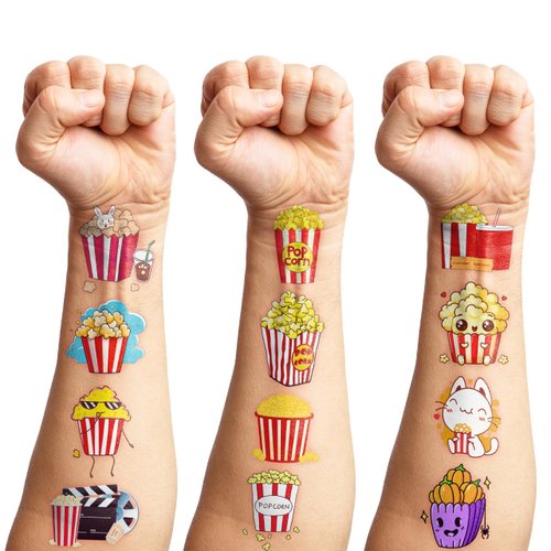 100 PCS Popcorn Corn Movie Night Themed Temporary Tattoos Birthday Party Decorations Favors Supplies Cute Circus Fake Tattoo Stickers Party Gifts for Children Girls Boys Home Activity School Rewards