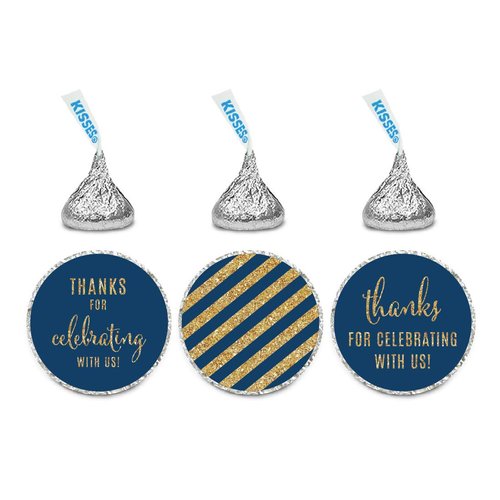 Andaz Press Gold Glitter Print Chocolate Drop Labels Stickers, Thanks for Celebrating with Us Striped, Navy Blue, 216-Pack, Not Real Glitter, for Kisses Party Favors