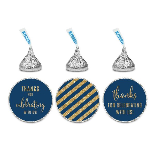 Andaz Press Gold Glitter Print Chocolate Drop Labels Stickers, Thanks for Celebrating with Us Striped, Navy Blue, 216-Pack, Not Real Glitter, for Kisses Party Favors