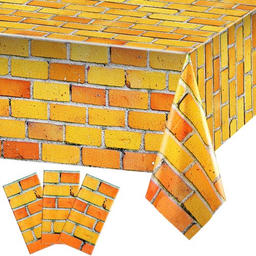Tiamon 3 Pcs Yellow Brick Road Tablecloths Wizard Party Decorations Medieval Stone Wall Backdrop Plastic Table Cover Disposable Rectangle for Halloween Princess Birthday Party Supplies, 54 x 108 Inch