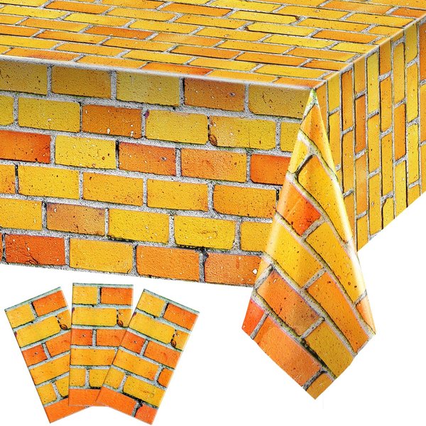 Tiamon 3 Pcs Yellow Brick Road Tablecloths Wizard Party Decorations Medieval Stone Wall Backdrop Plastic Table Cover Disposable Rectangle for Halloween Princess Birthday Party Supplies, 54 x 108 Inch