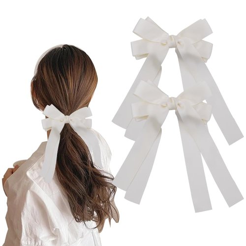 Hair Bow Clips for Women White Bow Hair Clip for Women Girls Hair Accessories Cute Ribbon Hair Barrettes With Long Tail Tassel Ribbon Hair Clip White Bow Headpiece Hair Pins Double Layer 2pcs