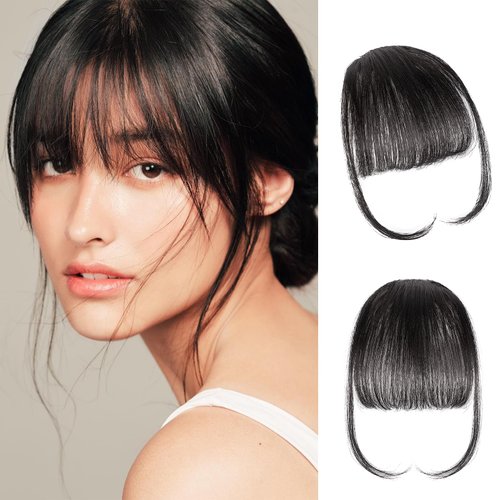 SISLAF Hair Clip in Bangs-100% Real Human Hair Bangs Hair Clip Wispy Bangs Clip On Bangs for Women with Temples Hairpieces Wig Curved Bangs with Hair Roller(Brown Black)