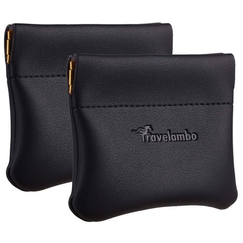 Travelambo Leather Squeeze Coin Purse Pouch Change Holder For Men & Women 2 pcs set (Black)