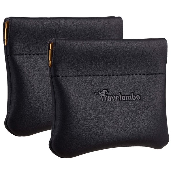 Travelambo Leather Squeeze Coin Purse Pouch Change Holder For Men & Women 2 pcs set (Black)