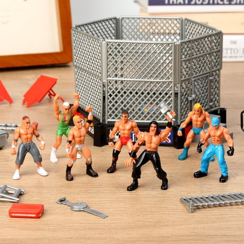 32Pcs Wrestling Toys for Kids, Wrestlers Playset with 12 Wrestling Action Figures, 2 Wrestling Rings, Many Realistic Accessories, Toy Figures & Playset Gift for 2 3 4 5 6 Boys Girls, Cool Cake Toppers