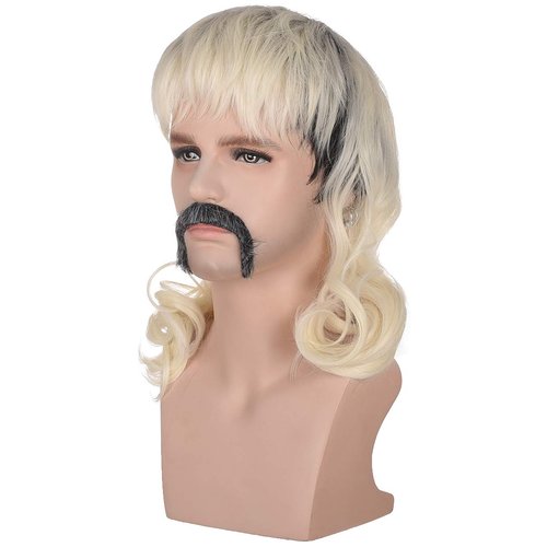 AMZCOS 70s 80s Rocker Mullet Wig Set for Men | Dark Roots Short Blonde Wavy Wigs for Mens Halloween Cosplay Party with 6 Earrings and Mustache