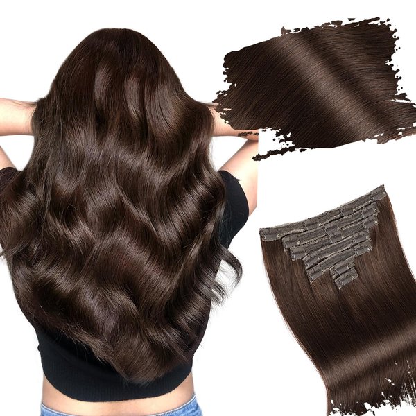 Starmo Clip in Hair Extensions Real Human Hair Dark Brown Hair Extensions Remy Weft Hair Extensions Human Hair 16 Inch 7PCS 120g Clip ins for Women