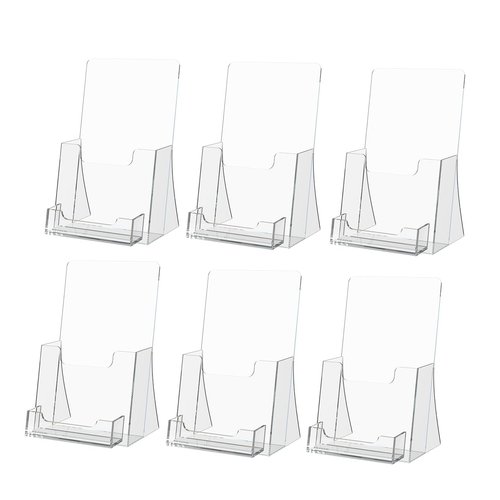 Marketing Holders 6 Pack Brochure Holder with Card Bin Clear Acrylic Caddy for 4.25’’ Trifolds and 3.5" x 2" Contact Info Cards Counter Plastic Pamphlets Display Stand Multi Purpose Caddy