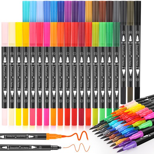 Soucolor 34 Colors Art Brush Markers Pens, Easter Basket Stuffers for Teens Boys & Girls Adult Coloring Books, Dual Tip Marker Pen for Kids Note taking Planner Lettering Calligraphy Drawing Journaling
