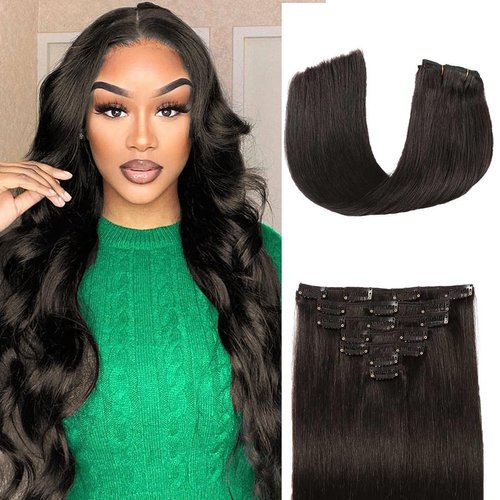 Clip in Hair Extensions Real Human Hair Straight 16 Inch 7pcs 120g Clip ins Hair Extensions Brazilian Remy Human Hair 16 Clips Double Weft Human Hair For Women (16 Inch, 1B Natural Black)