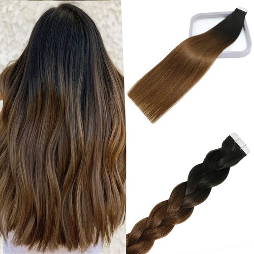 WindTouch Tape in Hair Extensions Balayage Black To Medium Brown Hair Extensions For Women Brunette 20Inch Human Remy Hair Extensions Straight Silky Seamless #1bt4 20pcs/50g