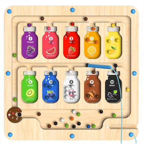 DRQ Magnetic Color and Number Maze - Wooden Color Matching Learning Counting Toddler Puzzle Board - Educational Fine Motor Skills Toys Montessori Toys for 3 4 5 Years Old, Juice Drink