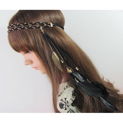 Women Lady Bohemian Double Braided Headband Tassels Hairband Headwear Hippie Feather Headband Hair Hoop Handmade Indian Fascinator Headband Headdress Hair Bands Hair Accessories (Black)