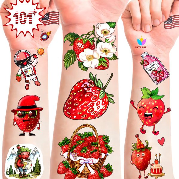 101+ Strawberry Temporary Tattoos – Printable, Waterproof Fake Tattoos for Kids, Girls, Boys, Teens & Adults – Ideal for Birthday Parties, Decorations (A)