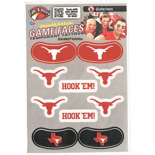 Fan A Peel Texas at Austin Longhorns Waterless & Stick Temporary Tattoos 10-Piece Combo 6 Spirit and 4 Eye Strips, Brown