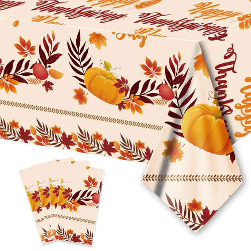 ORNACELE 4PCS Thanksgiving Fall Tablecloth Disposable - 108" × 54", Fall Table Cloth Autumn Harvest Pumpkin Leaves Tablecover Plastic Rectangle Table Cover for Dinner Party Decor