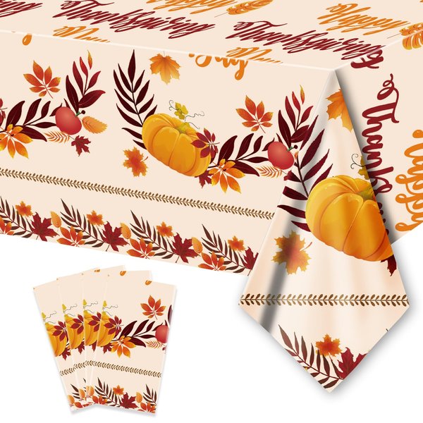 ORNACELE 4PCS Thanksgiving Fall Tablecloth Disposable - 108" × 54", Fall Table Cloth Autumn Harvest Pumpkin Leaves Tablecover Plastic Rectangle Table Cover for Dinner Party Decor