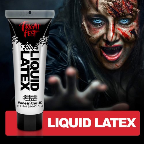 Liquid Latex by Fright Fest - 12ml sfx makeup great with fake blood stage blood scar wax, spirit gum and face paint to create amazing halloween makeup create zombie skin safe latex