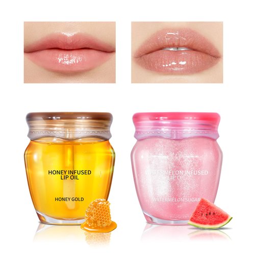 KYDA Lip Oil set, Honey& Watermelon Shiny Lip Gloss Oil Moisturizing Lip Plumping Oil, Hydrating Long Lasting Lip Glow Oil for Dry and Crack Lip