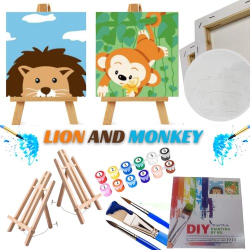 2 paint by numbers kit for kids(12x12Inch) with 2 easels, 2 pre-printed frame canvas, Animal Painting by Numbers Kits for Kids Includes, acrylic paints set for children,Brushes,hooks.(Lion and Monkey)