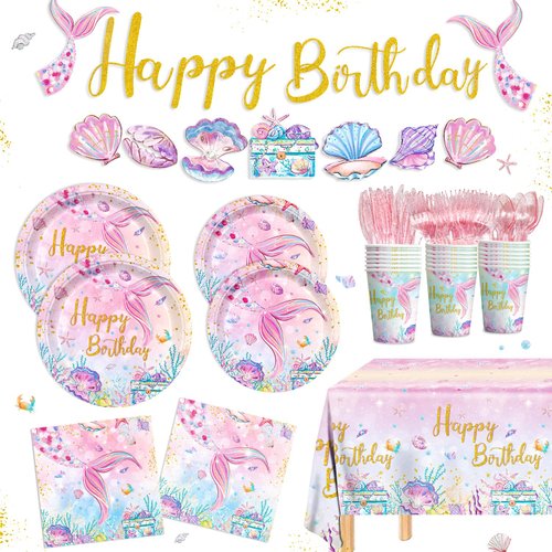170pcs Mermaid Birthday Party Supplies Paper Plates Napkins Under the Sea Tablecloth Banner Disposable Cup Tableware Set for Girls Kids Mermaid Birthday Party Decorations Serve 24