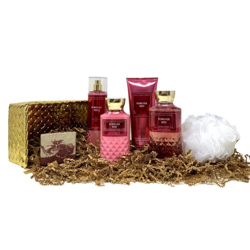 Bath & Body Works Forever Red Deluxe Gold Woven Basket Gift Set with a Cherry On Top Bar Soap and Loofah - Fragrance Mist - Body Cream - Body Wash and Body Lotion - Full Size