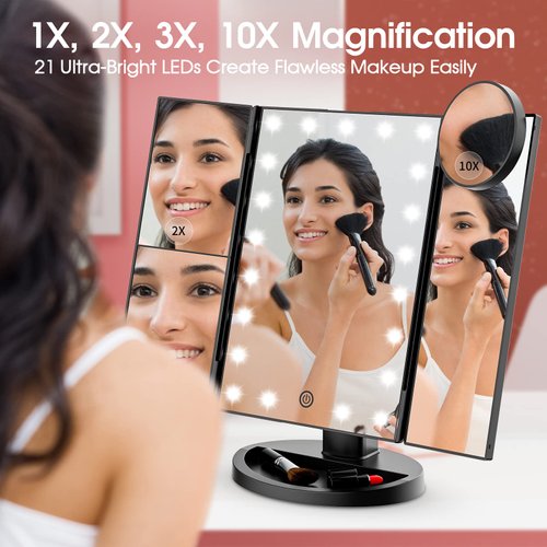 Makeup Mirror Vanity Mirror with Lights, Lighted Makeup Mirror with 2X 3X 10X Magnification, 21 LED Trifold Compact Mirror, Touch Dimming Light Up Mirror, Dual Power Supply, Gifts for Women (Black)