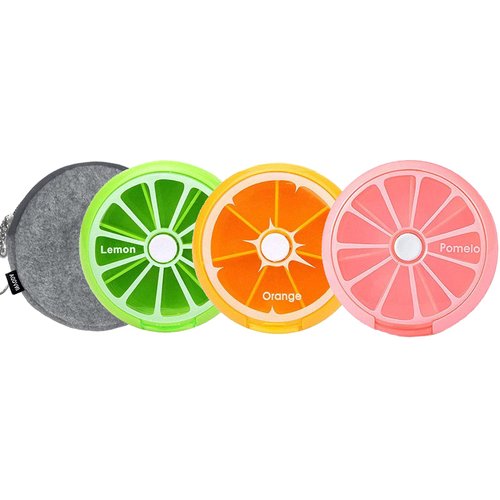 INVODA 4PCS Pill Cases Weekly Pill Organizer 7 Day Pill Box with 1Pcs Felt Storage Pouch Small Cute Pill Container (Pill Box +Deep Grey Bag)