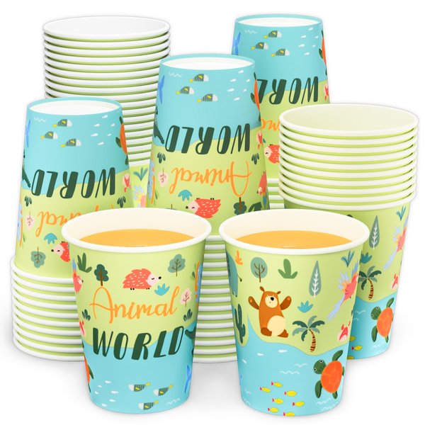 DYLIVeS Animal World Map Paper Cups, 100 Pack Jungle Safari Disposable Cups Woodland Atlantic Blue Ocean Cups Animals Birthday Party Supplies for Boys Baby Shower Birthday Party Decorations, 9 OZ