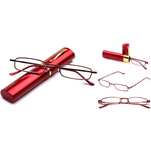 "Pocket" Readers Ultra Compact Spring Temple Reading Glasses w/Portable Pocket Clip Aluminum Case Red +1.00