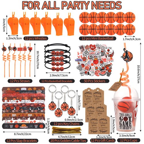 LiYiQ 158 Pcs Basketball Party Favors Basketball Party Supplies with Cup Straw Stress Ball Keychain Sticker Slaps Bracelets Whistle Thank You Tags for Basketball Birthday Decorations (Basketball)