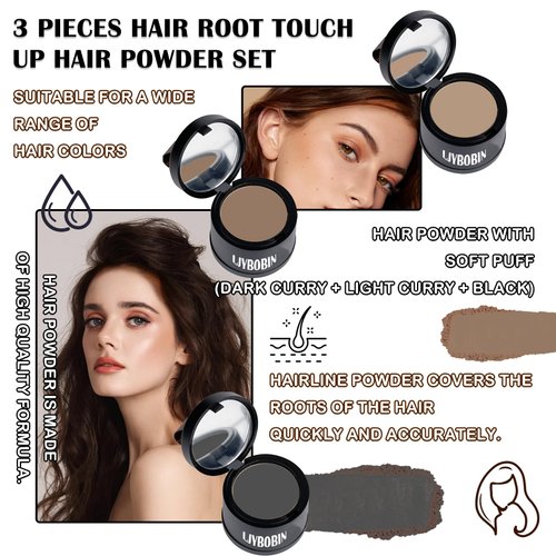 3 Pcs Root Touch Up Hair Powder Set,Quickly Cover Up Hairline Powder,Waterproof Hairline Shadow Powder for Women & Men,Hair Powder with Soft Puff(Dark Curry + Light Curry + Black)