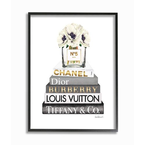 Stupell Industries Blooming White Floral Display on Glam Designer Bookstack Wall Art, 11 x 14, Black Framed