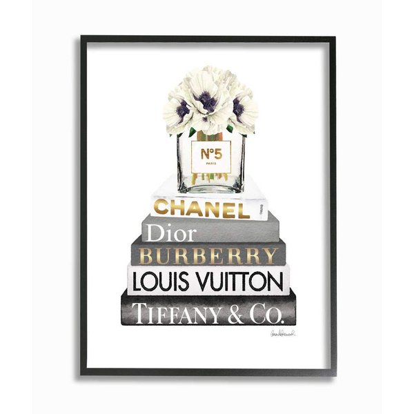 Stupell Industries Blooming White Floral Display on Glam Designer Bookstack Wall Art, 11 x 14, Black Framed